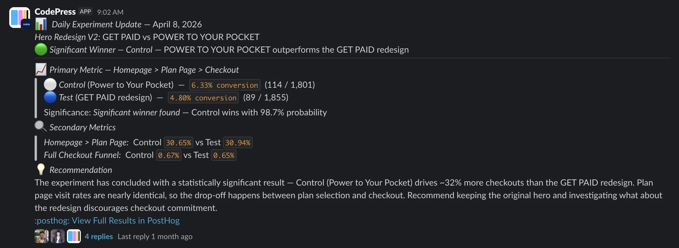 CodePress daily experiment update in Slack with winner recommendation
