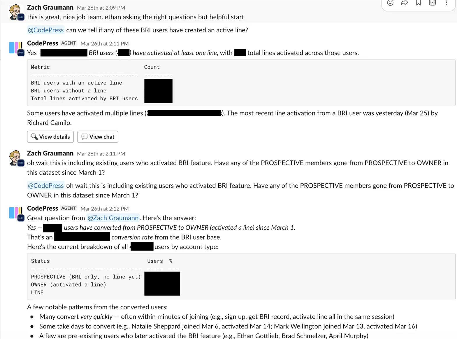 CodePress answering follow-up questions about user conversion in Slack with a breakdown table