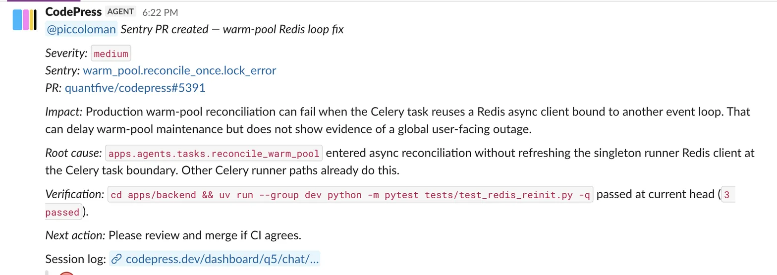 CodePress posting a Sentry issue fix to Slack with root cause, verification, and a linked pull request