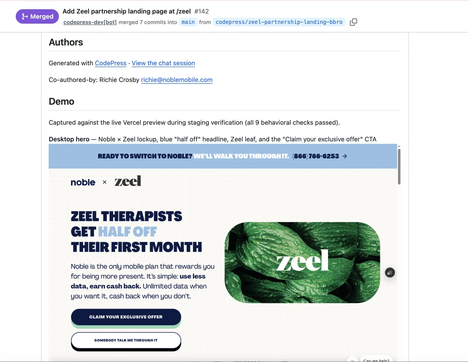 A merged CodePress pull request adding the Noble x Zeel partnership landing page